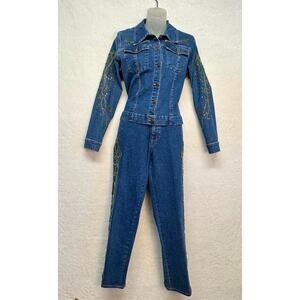 Vintage Embellished Beaded Denim Suit Jacket and Blue Jeans Womens Size S
